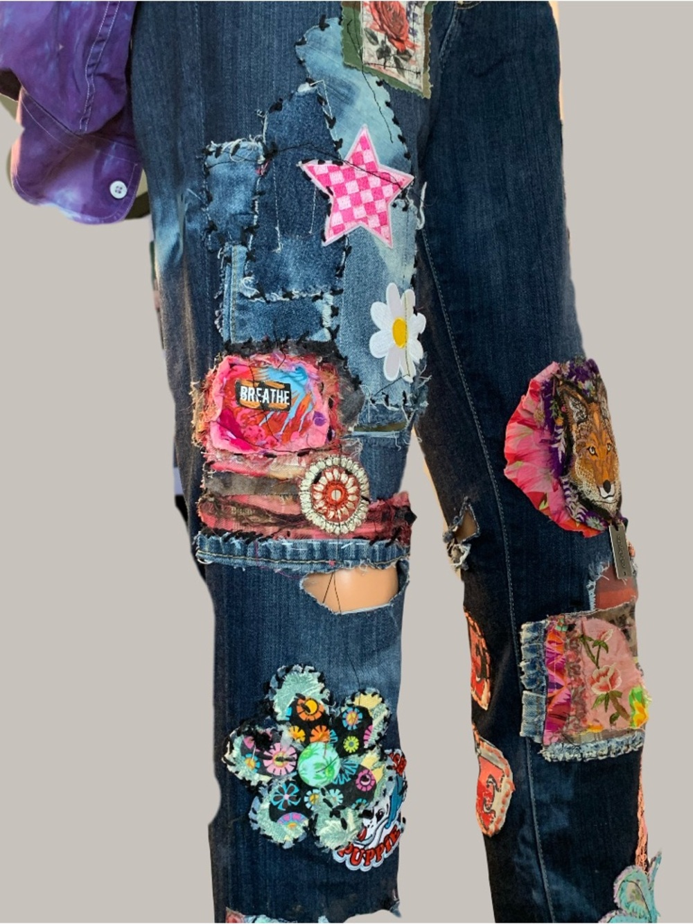 Upcycled Patchwork and Patched Embellished Dark Blue Cigarette Cut Denim Jeans - Picture 5 of 15
